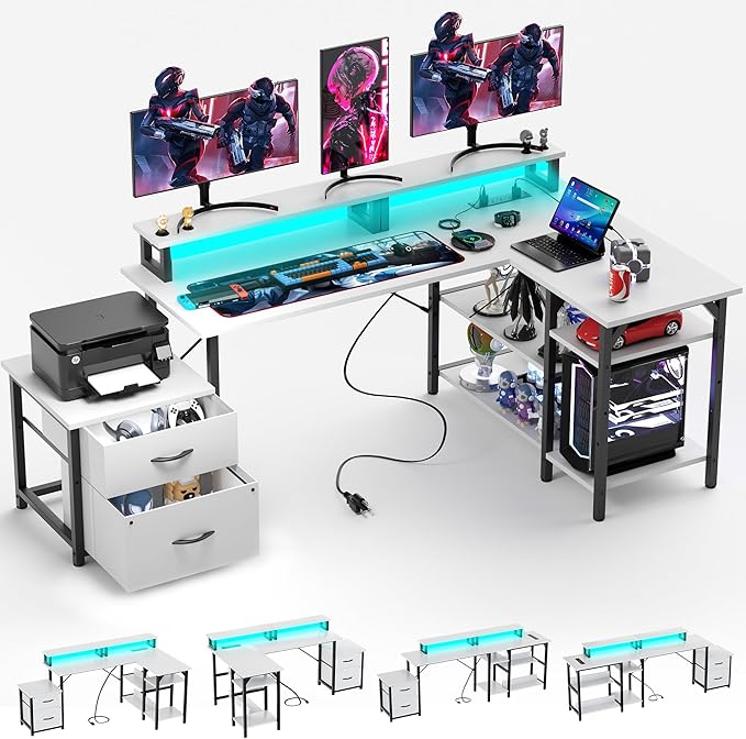 YOUNGAR Office Desk L Shape with File Drawers&Power Outlet, 69.3 Inch Reversible L Shaped Computer Desks,Corner L Shape or Long Desk Set up, Monitor Stand &Storage Shelves,LED Lights&CPU Stand,White