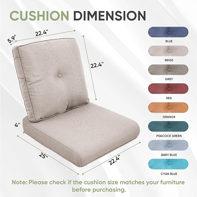 Outdoor Chair Cushion Set of 2, Waterproof Outdoor Seat Cushions 25x22 , Patio Chair Cushions for Outdoor Furniture, Replacement Couch Loveseat Cushion, Include 2 Back & 2 Seat Cushions, Button/Beige