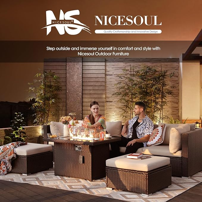 NICESOUL 9 Piece Patio Furniture Conversation Set, Extra Large Size Outdoor Rattan Sectionals with Fire Pit Table Natural Gas & Propane Convertible, 29.3'' High Back 8 Seater Deep Wide Sofa, Espresso