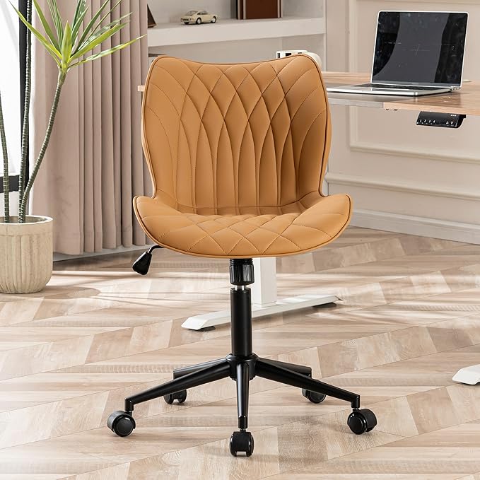 YOUNUOKE Armless Desk Chair Comfy Office Chair with Wheels Home Ergonomic Task Chair Adjustable Computer Chairs Modern Faux Leather Swivel Chair Upholstered Makeup Vanity Chair with Back(Camel)