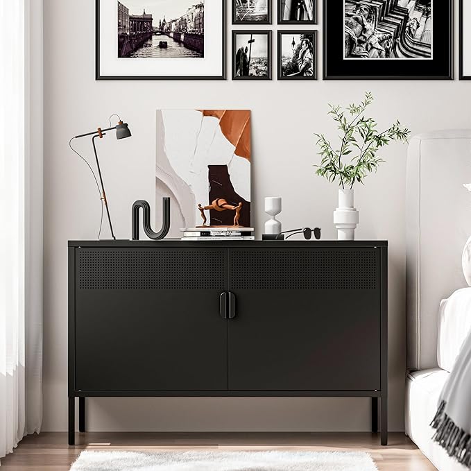2 Door Storage Sideboard, Metal Storage Cabinet with 2 Adjustable Shelf,Multipurpose Metal Accent Cabinet for Office Home,Music Studio (Black, 25''H)