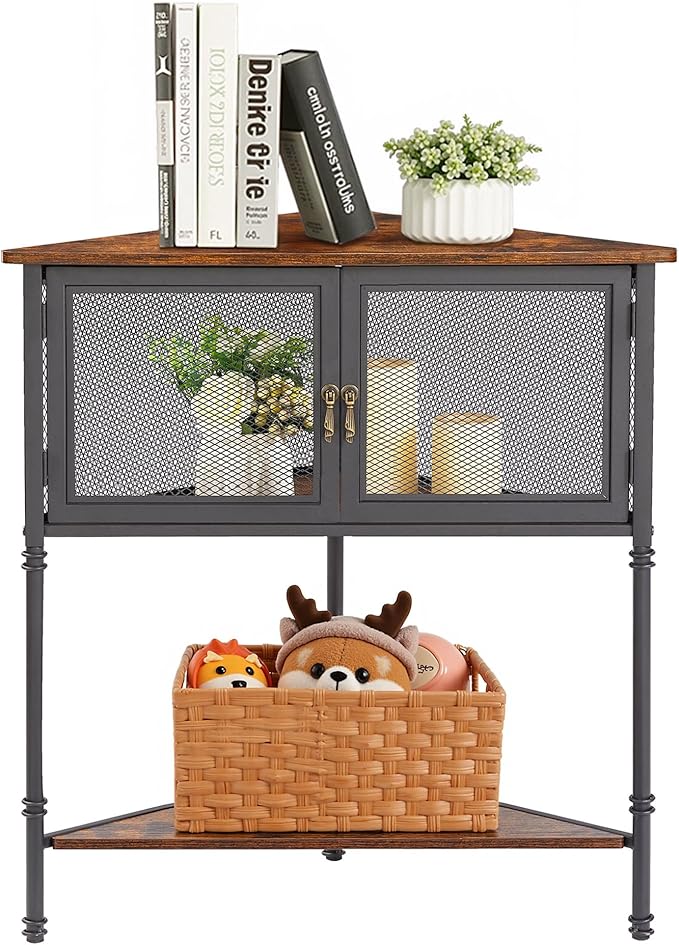VECELO 3 Tier Corner Cabinet,Corner Table Shelf with Storage Cabinet,Industrial Metal Frame and Wood Shelves Organizer for Small Spaces in Living Room/Bedroom/Kitchen