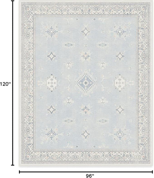 RUGGABLE Washable Vintage Area Rug – Verena Soft Blue 8x10, Stain-Resistant, Non-Slip – Large Machine Washable Rugs for Living Room, Bedroom, Hallway, Entryway & Office–with Cushioned Pad