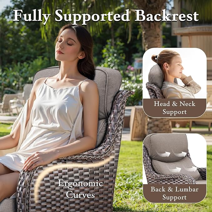 Luxury High Back Outdoor Furniture with 6-inch Extra Thick Cushions, Patio Furniture Set with Fire Pit Table & Swivel Chairs, 7 PCS Wicker Conversation Set for Yard, Deck, Poolside, Brown/Grey