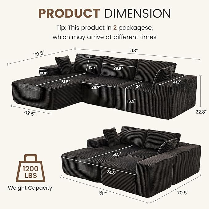 Apicizon 113" Sectional Sofa Couch for Living Room, 3 Seat Boneless Sofa with Chaise Longue, L-Shape Modular Sectional Couches with Deep Seat for Apartment,No Assembly Required (Stripe Corduroy Black)