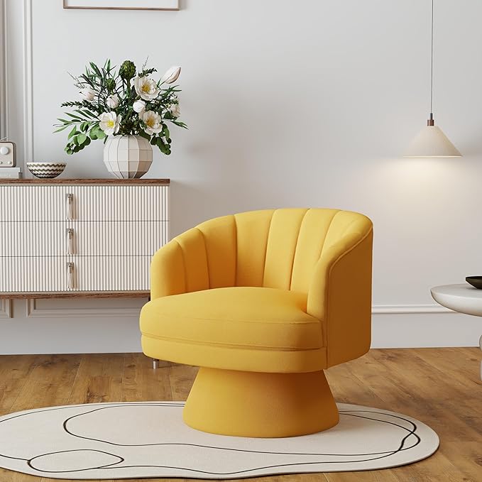 Swivel Accent Chair,Upholstered Velvet 360° Swivel Barrel Chair for Living Room Overstuffed Bouncle Reading Chair Round Armchair for Bedroom,Vanity,Office (Mustard)