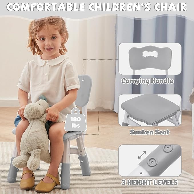 Adjustable Kids Table Chairs Set – Graffiti Desktop, Multi-Activity Height-Adjustable Toddler Study Desk for Ages 3-8 – Ideal for Home, Classroom, Daycare (W-Gray, 4 Chairs-23.6" L x 23.6" W)