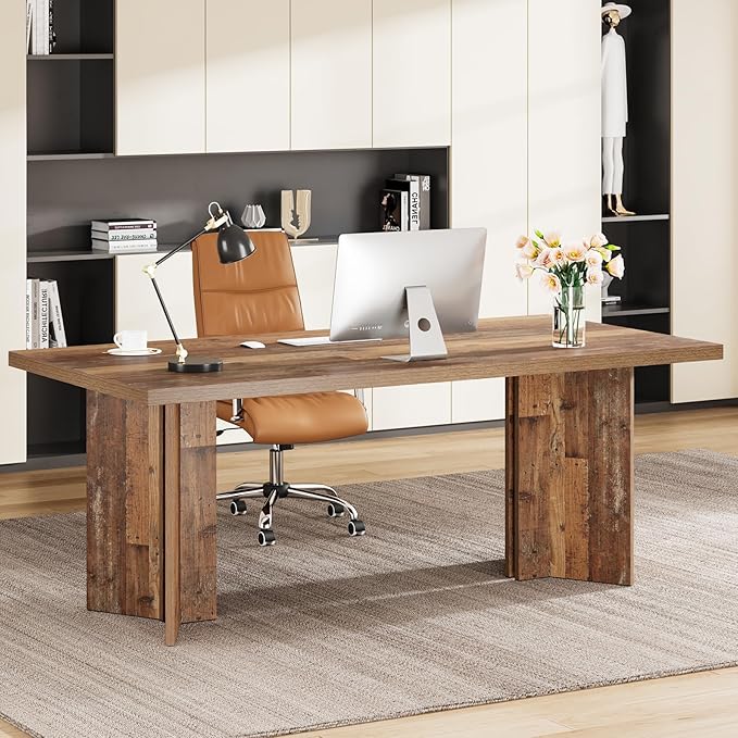 Tribesigns 63-inch Executive Desk, Vintage Home Office Computer Desk with Large Tabletop, Farmhouse Wood Writing Conference Table Workstation for Office, Study, Distressed Brown