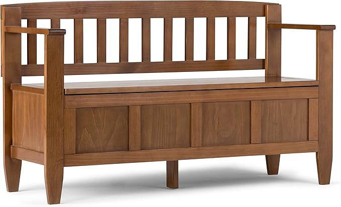 SIMPLIHOME Brooklyn Entryway Storage Bench - 48 inch Wide Solid Wood Storage Seat in Medium Saddle Brown, Contemporary Bench for Entryway or Living Room with Lift-Up Lid and Slatted Backrest
