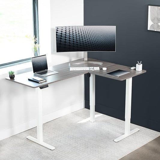 VIVO Corner Standing Desk, 63 x 47 inch Reversible L-Shaped Workstation, Electric Height Adjustment, Home, Office, and Reception Rooms, Dark Gray Table Top White Frame, DESK-E3CTWG-47