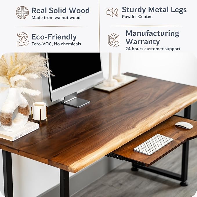 Solid Walnut Wood Computer Desk with Keyboard Tray – Live Edge Wooden Home Office Desks with Sturdy Metal Legs – Real Wood Table for Work, Study, or Gaming - 60” x 27”