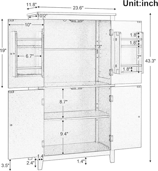 Tall Storage Cabinet, Bathroom Floor Freestanding Storage Cabinet with 2 Double-Door and Adjustable Shelves for Bathroom, Office, Living Room, White
