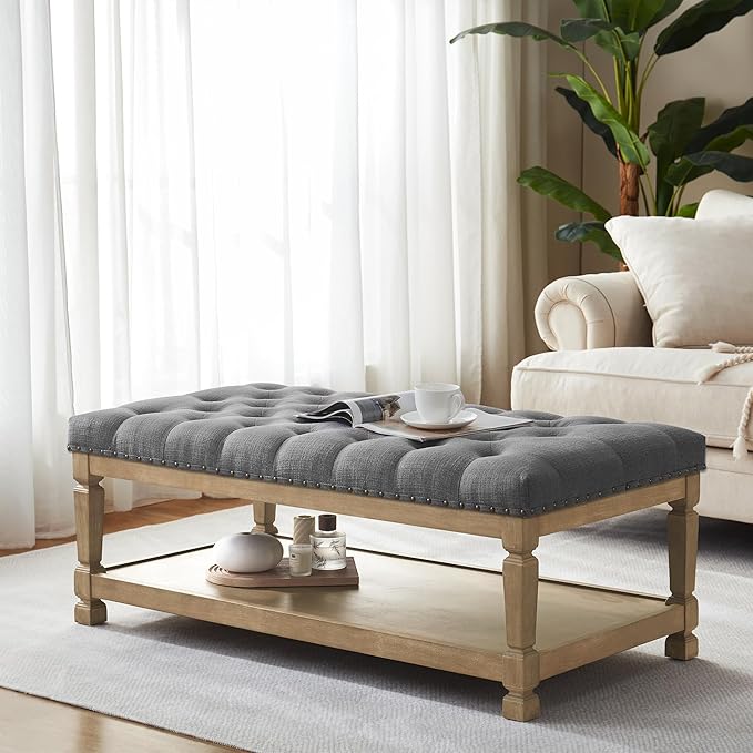48" Ottoman Coffee Table with Storage, Rectangle Coffee Tables for Living Room, Fabric Tufted Ottomans, Upholstered Storage Ottoman Bench for Bedroom, Entryway (Grey)
