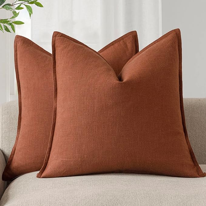 Foindtower Pack of 2, Decorative Linen Soild Throw Pillow Covers Soft Accent Cushion Case Farmhouse Neutral Pillowcase for Chair Couch Sofa Bedroom Living Room Home Decor 26 x 26 Inch Fall Rust Orange