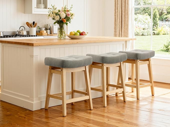 Counter Height Bar Stools Set of 2 for Kitchen Counter Farmhouse Modern Barstools with Upholstered Fabric Backless Seat and Solid Wood Legs 24 inch Bar Chairs, Grey + Wood Color