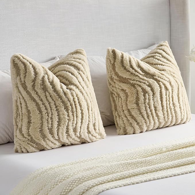 FUTEI Beige Decorative Throw Pillow Covers 24x24 Inch Set of 2,Soft Faux Fur Geometric Shapes Texture European Cushion Case,Boho Home Decor for Couch Bed Living Room