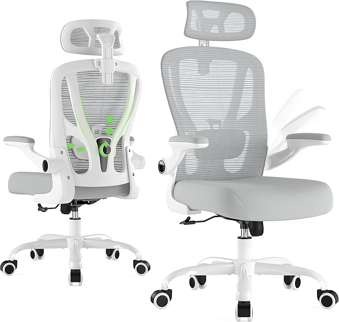 Office Chair Ergonomic Desk Chair - Mesh High Back Office Chair with Headrest Wheels Lumbar Support Home Desk Office Chairs Flip up Armrest Executive Rolling Swivel Task Computer Chair White