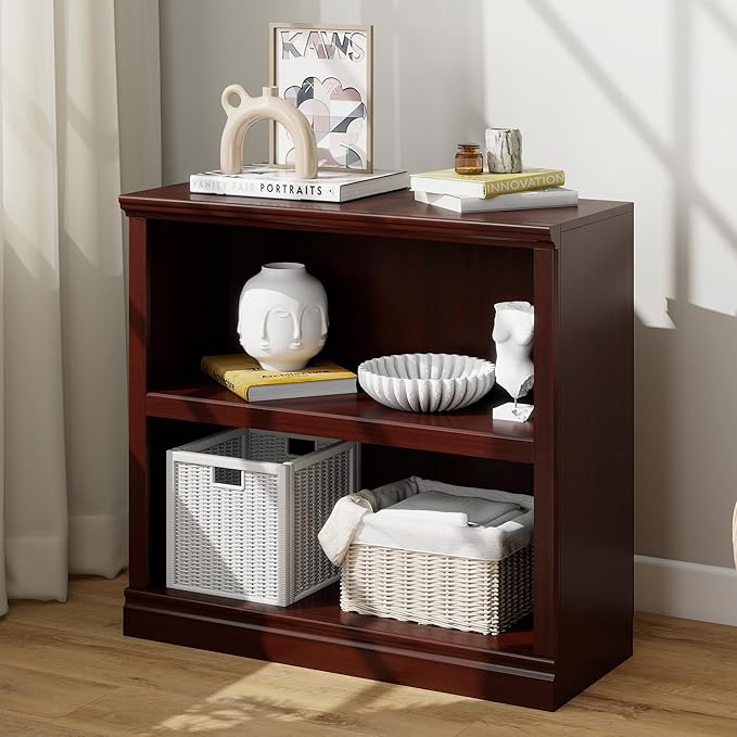 30" Bookcase, White Floor Standing Bookshelf, 2-Tier Display Shelves Open Storage Organizer, Book Case for Living Room Hallway Kitchen Home Office Bedroom, Mahogany 2 Tiers