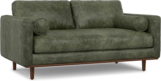 SIMPLIHOME Morrison 72-inch Wide Sofa in Moss Green Genuine Leather, Mid-Century Modern-Style Loveseat for Living Room, Single Bench Cushion, Removable Back Cushions, 2 Bolster Pillows