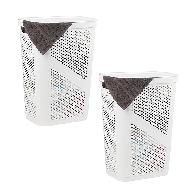 Mind Reader 60L Slim Laundry Hamper, Clothes Basket, Lid, Ventilated, Plastic, Set of 2, White