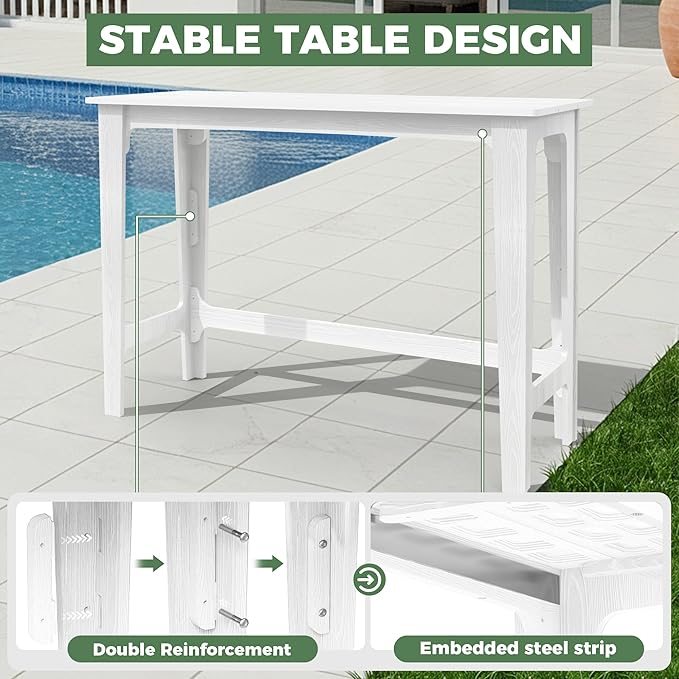 HDPE Outdoor Patio Bar Set with High Top Table and 2 Adirondack Chairs, All-Weather Bar Height Outside Rectangular Pub Furniture for Bistro, Garden, Backyard, Deck | 3-Pieces, White