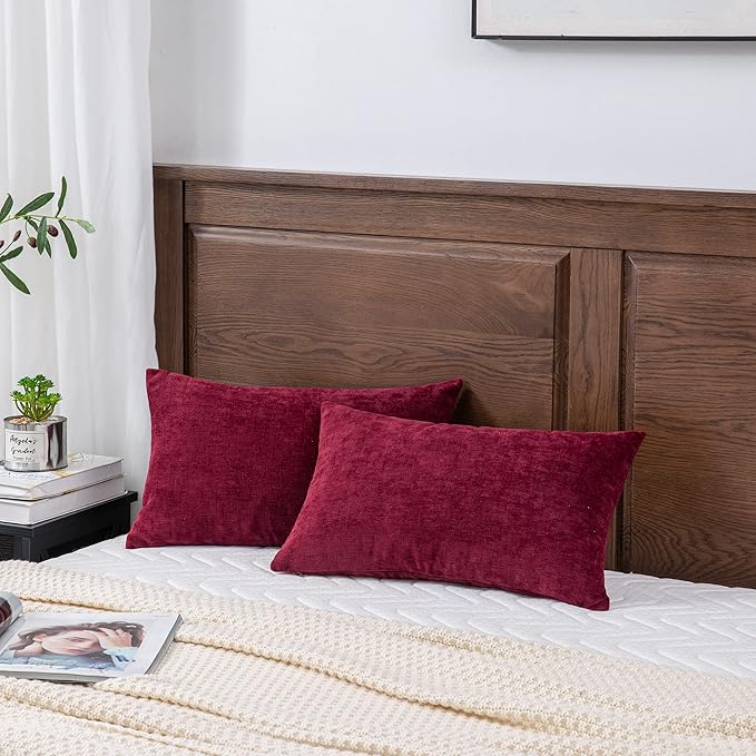 GAWAMAY Lumbar Decorative Throw Pillow Covers 12"x20" Inch Set of 2, Super Soft Chenille Rectangle Pillowcase for Living Room Bedroom Sofa Couch Cushion Pillow Cover Burgundy Red 30x50cm (ONLY COVERS)