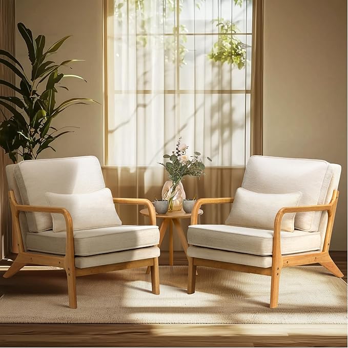 COLAMY Modern Accent Chair with with Solid Wood Frame, Mid Century Reading Leisure Armchair Lumbar Pillow& Soft Cushion, Relaxing Chair for Living Room,Bedroom,Waiting Room(Beige)