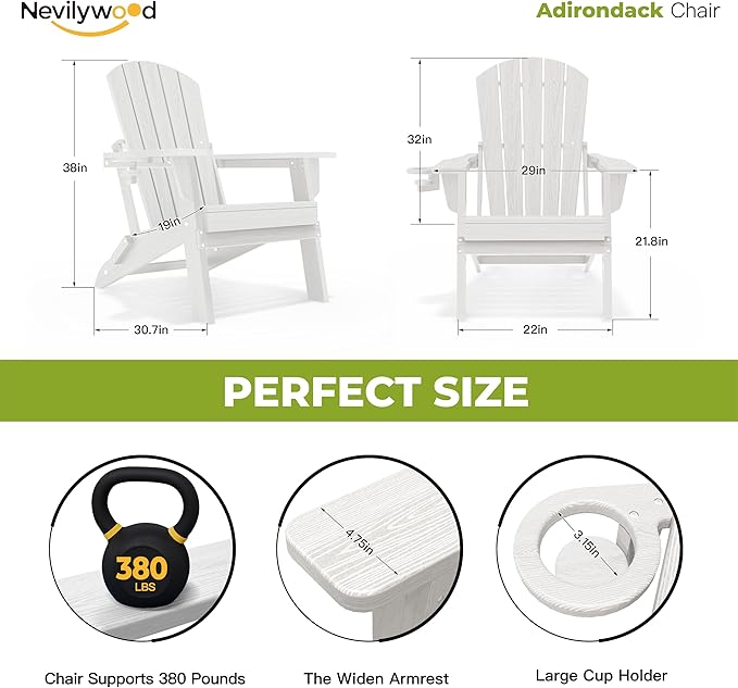 nevilywood Folding Adirondack Chair, Ergonomic Extended Backrest, HDPE All-Weather, 380lbs Capacity, Maintenance-Free, Cup Holder, (White)- Outdoor Patio & Firepit Chair