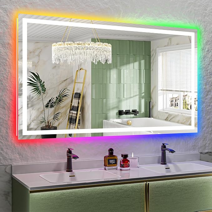 68x40 Inch RGB LED Bathroom Mirror Front Light and RGB Backlit Lighted Vanity Mirror for Bathroom Wall Mounted Dimmable Anti Fog Memory Shatter-Proof IP54 Waterproof Horizontal/Vertical