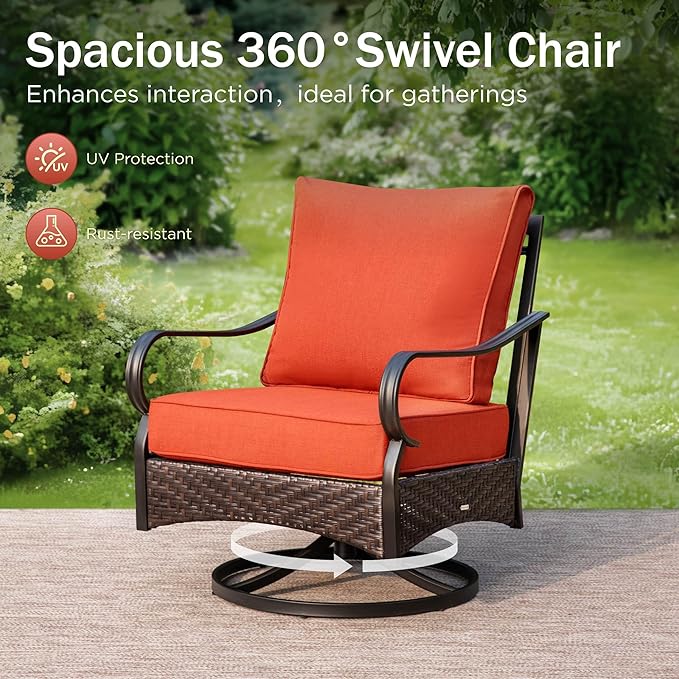 PHI VILLA Patio Furniture Set with 56" Fire Pit Table, Premium Outdoor Wicker Metal Frame Furniture with Upgraded Waterproof Thick Cushions for Porch, Poolside, Deck, and Yard (4 Pieces,Red