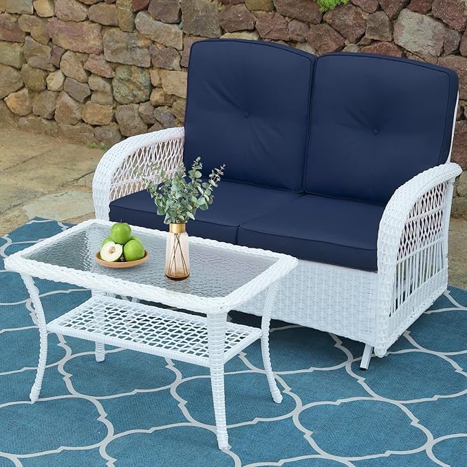 VIVIJASON 2-Piece Patio White Wicker Loveseat Glider Set Cushioned, Outdoor Conversation Furniture Sets W/ 2-Seater Glider Rocking Bench, Coffee Table and Cushions for Porch Garden Poolside, Navy Blue