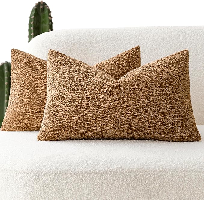 Foindtower Pack of 2 Textured Boucle Throw Pillow Covers Accent Solid Lumbar Pillow Cases Cozy Soft Decorative Couch Cushion Case for Chair Sofa Bedroom Living Room Home Decor, 12 x 20 Inch,Tobacco