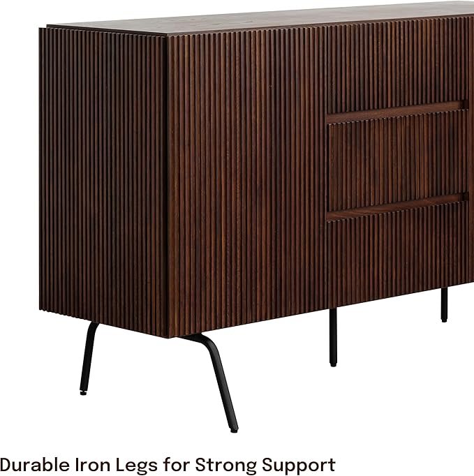 NTC Veil Sideboard with 2 Doors and 3 Drawers, Buffet Cabinet with Vertical Groove Design and Metal Legs, Storage Cabinet for Living Room, and Entryway, Effortless Assembly - Dark Walnut