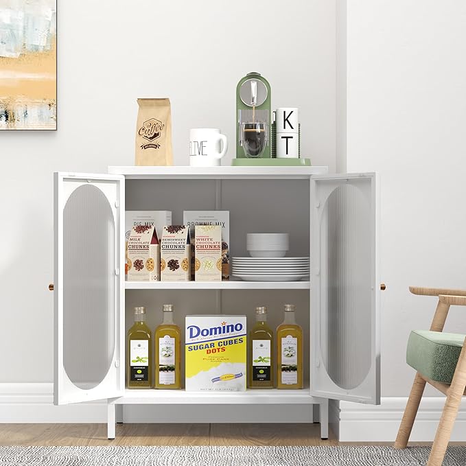 Small White Cabinet with High Feet, Metal Pantry Cabinet with Adjustable Shelf, Storage for Room, Office, Living Room,Dining Room,Sideboard, Hallway and Entryway