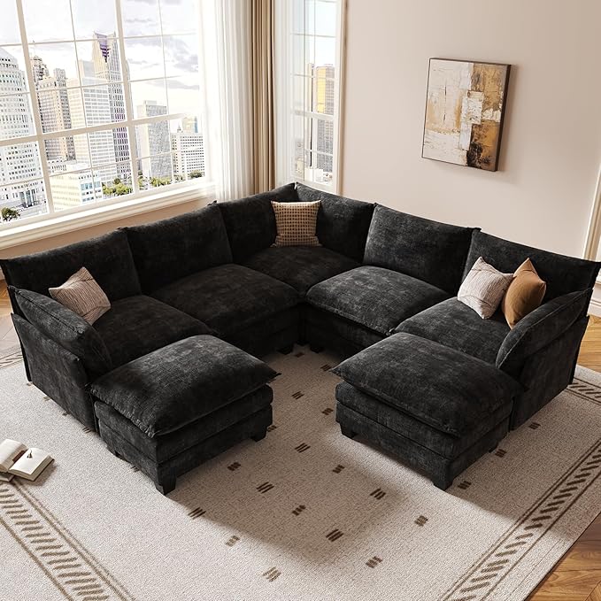 KKL 120" Modular Sectional Sofa, Large V Shape 7 Seater Convertible J/L/U-Shaped Modern Sectional Couch with Ottoman, Chenille Sectional Couches for Living Room, Apartment, Black