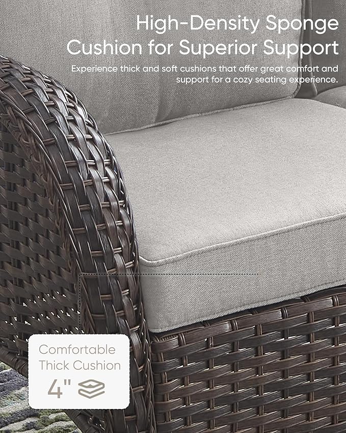 HUMMUH Outdoor Patio Couch-Outdoor Rattan Couch with Thick Cushions Outdoor Sofa for Deck Lawn Porch Balcony Poolside-Brown/Grey