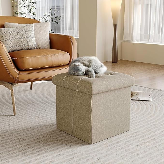YOUDENOVA 15 inches Storage Ottoman Cube, Foldable Storage Boxes, Padded Seat for Dorm Living Room, Support 300lbs, Line Fabric Beige
