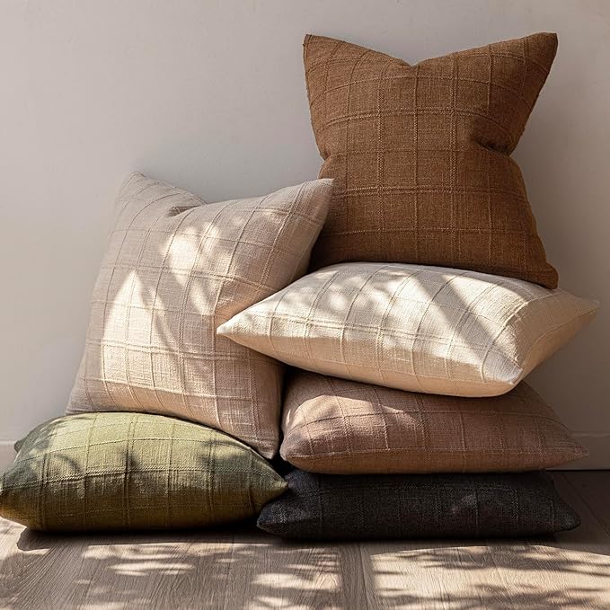 Foindtower Set of 2 Decorative Linen Check Throw Pillow Covers Neutral Farmhouse Vintage Cushion Covers Modern Boho Home Decor for Sofa Chair Couch Bedroom Living Room,26×26 Inch,Brown Hazel
