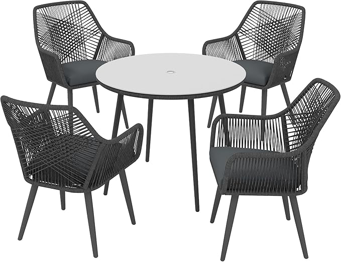JOIVI 5 Piece Outdoor Dining Set, Wicker Patio Furniture Dining Chairs and Table Set with Cushions for 4 People, Tempered Glass Tabletop with 2.16” Umbrella Hole, for Lawn, Backyard,with Gray Cushions