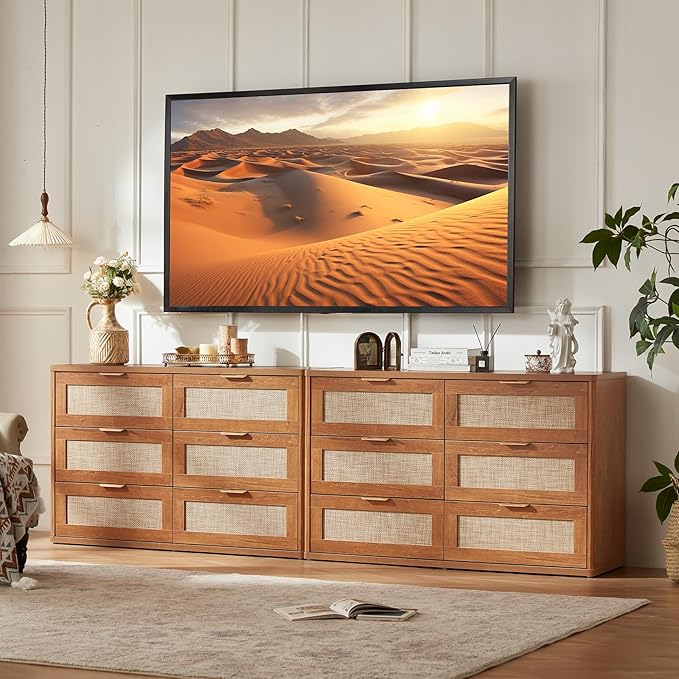 LEYAOYAO Rattan 6 Drawer Dresser for Bedroom, 48" Wide Boho Chest of Drawers, Wooden Dressers TV Stand with Metal Handle, Storage Closet Organizer for Living Room, Hallway, Tea Brown