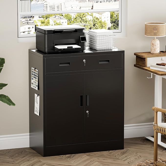 Steel Storage Cabinets,Metal Storage Cabinet with 1 Locking Drawers, Locking Storage Cabinets for Office, Home, Garage, Warehouse 37" H x 31.5" W x 15.7" D (Black)