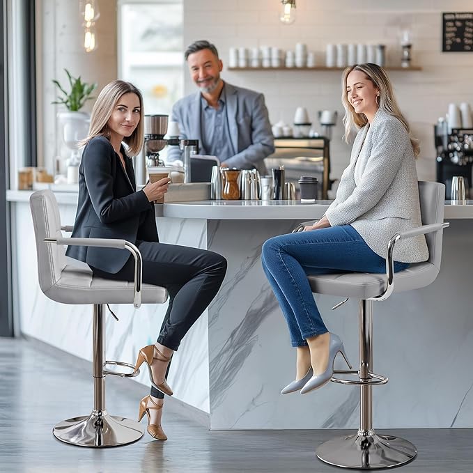 Yaheetech Bart Stools Set of 4, PU Leather Adjustable Barstools with Armrest, Counter Height Stool Chairs with Thickened Seat Cushion for Kitchen Island, Light Grey