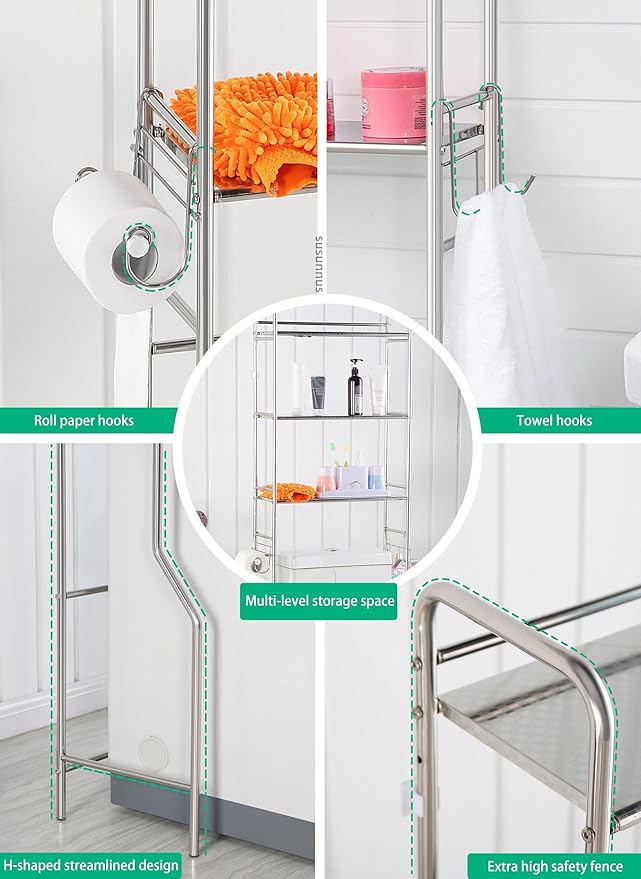 susunnus Over The Toilet Storage 3 Tier S,Bathroom Shelves Over Toilet,Freestanding Space Saver with Toilet Paper Holder,Stainless Steel,Pragmatic, Sturdy,Waterproof,Silver