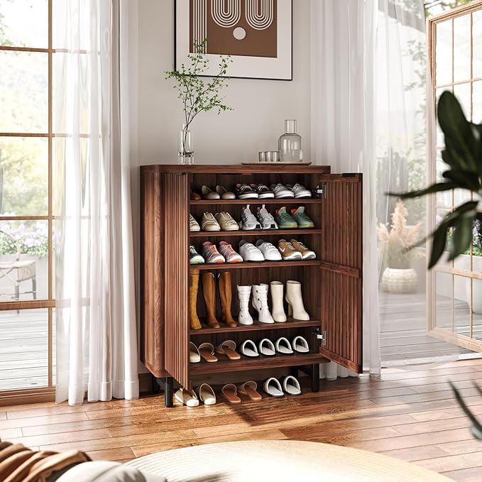 Tribesigns 6-Tier Farmhouse Shoe Cabinet with Shutter Doors, Wooden Shoe Organizer Rack with Adjustable Shelves, Modern Large Hidden Storage Furniture for Entryway, Hallway (Brown&Black)
