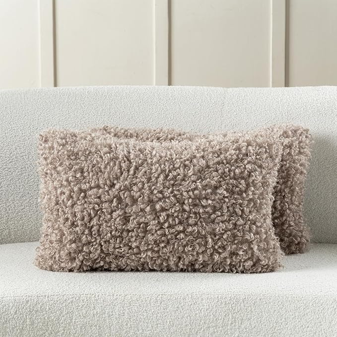 FUTEI Khaki Decorative Throw Pillow Covers 12x20 Inch Set of 2,Soft Fluffy Faux Wool Fur Boucle Textured Lumbar Pillow Case,Modern Home Decor for Couch Bed Living Room Office