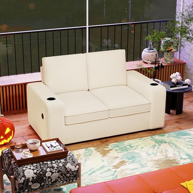 Furnimart 58" Wide Plush Loveseat, 2-Seater Sofa with Dual-Port USB Charger & Cup Holders, Terry Fabric, Modern Accent Couch for Small Spaces, Apartment, Living Room(Terry-Beige)