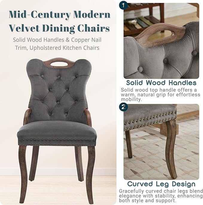 Velvet Dining Chairs Set of 2, Solid Wood Handles, Wooden Upholstered Dining Chair, Vintage Copper Nail Decoration, Mid Century Modern Kitchen Chair (Grey, Set of 2)