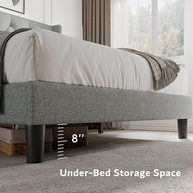 iPormis Full Size Platform Bed Frame with Button Tufted Headboard, Upholstered Bed Frame with Solid Wooden Slats, 8" Underbed Space, No Box Spring Needed, Noise Free, Easy Assembly, Light Gray