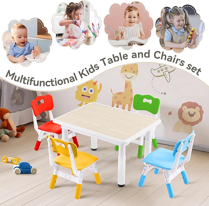 Kids Study Table and Chairs Set, Height Adjustable Toddler Table and Chair Set for Kids Ages 3-8, 31.5" L x 23.6" W Graffiti Desktop Plastic Children Art Table with 4 Seats