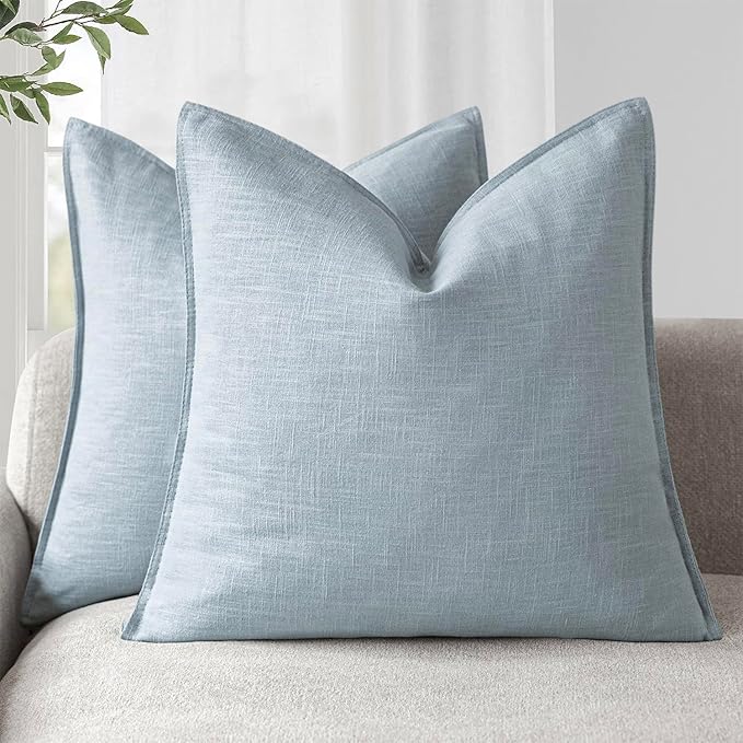 Foindtower Pack of 2, Decorative Linen Soild Throw Pillow Covers Soft Accent Euro Cushion Case Boho Farmhouse Pillowcase for Chair Couch Sofa Bedroom Living Room Home Decor 20 x 20 Inch Sky Blue